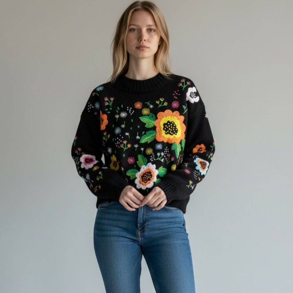 EMBROIDERED BLACK FLORAL GARDEN KNIT PULLOVER SWEATER VERY GD COND SIZE MED